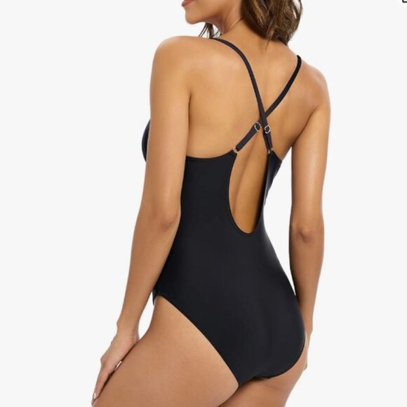 NWT One Piece Swimsuit Front Cross Tummy Control slimming Size L black - Picture 5 of 6
